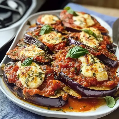 Gebackene Auberginen-Fächer in Tomatensoße